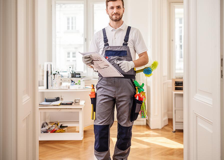 Hausmeisterin prüft eine helle Wiener Wohnung mit Werkzeug und Unterlagen
